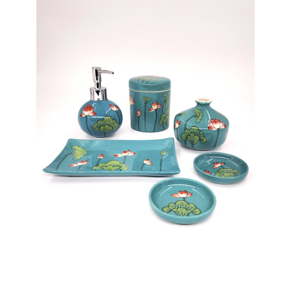 Ceramic Bathroom Set Hand-Painted Lotus Soap Dispenser, Tray, Jars & Dishes
